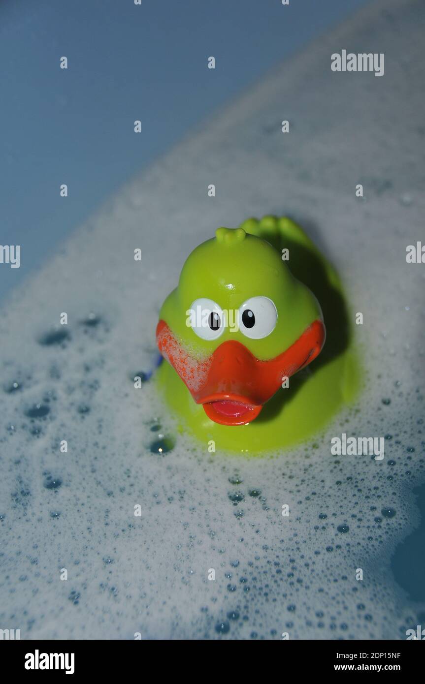little rubber duck swims in the children's bathtub Stock Photo - Alamy
