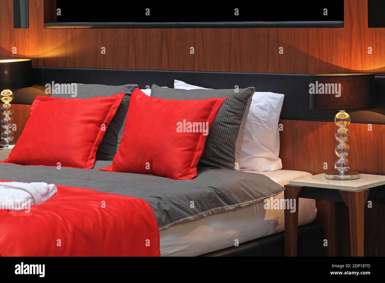 Double Bed With Many Pillows in Bedroom Interior Stock Photo Alamy