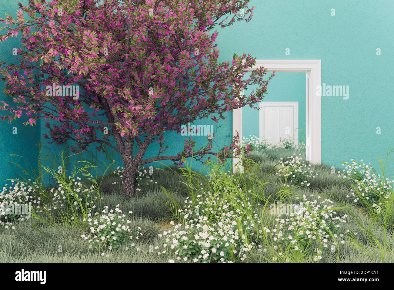 Flowering tree and meadow growing in rooms of empty house Stock Photo