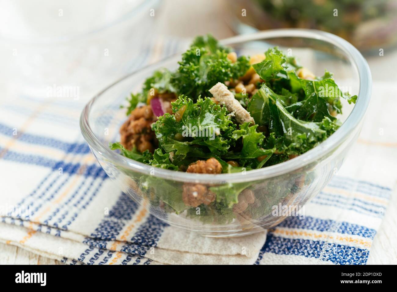 Mediterranean Kale and Lentil Salad with Olives and Vegan Feta Stock Photo