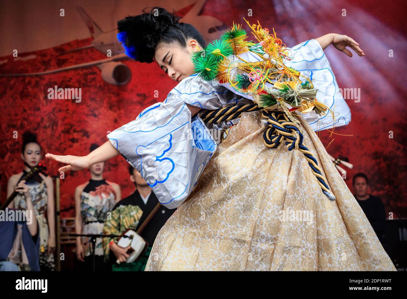 Japanese female performer in Kimono, costume performance by Kimono de Go at Japan Matsuri Festival London, UK Stock Photo