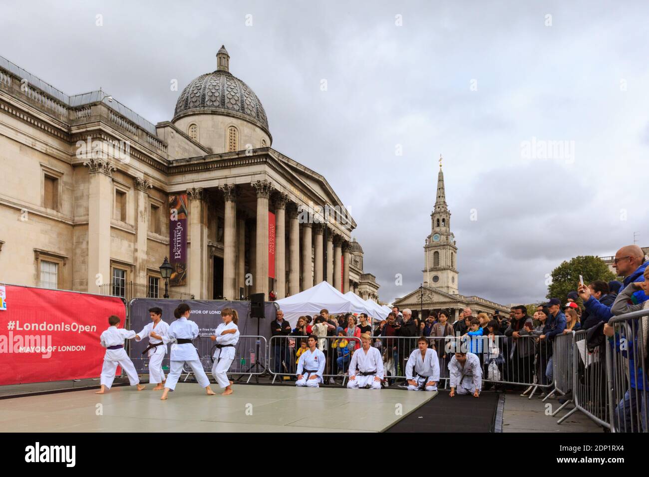 A martial arts demonstration at Japan Matsuri Festival on Trafalgar Square, National Gallery in background, London, UK Stock Photo