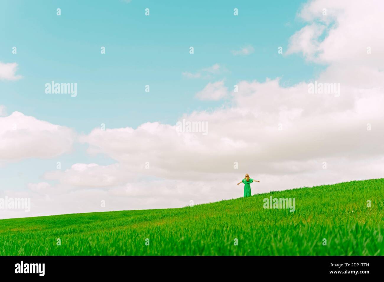 Back view of woman wearing green dress standing on a field Stock Photo ...