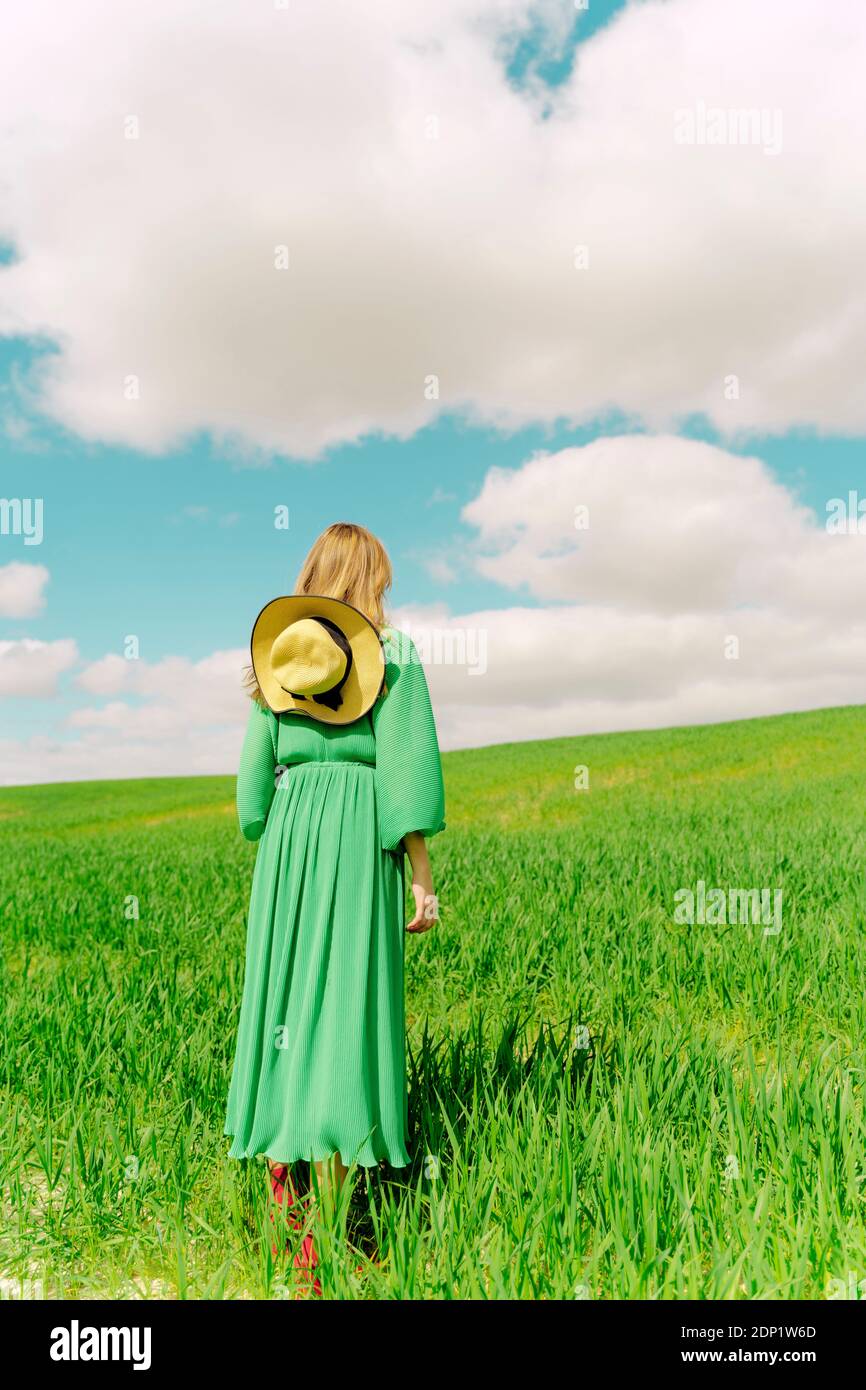 Back view of woman wearing green dress standing on a field Stock Photo ...