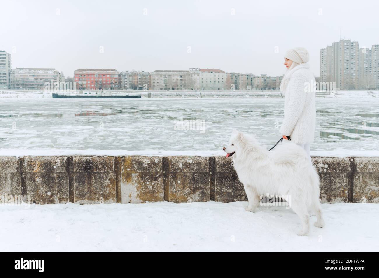 Serbia, Petrovaradin, white dressed young woman standing with white dog in the snow at riverside Stock Photo