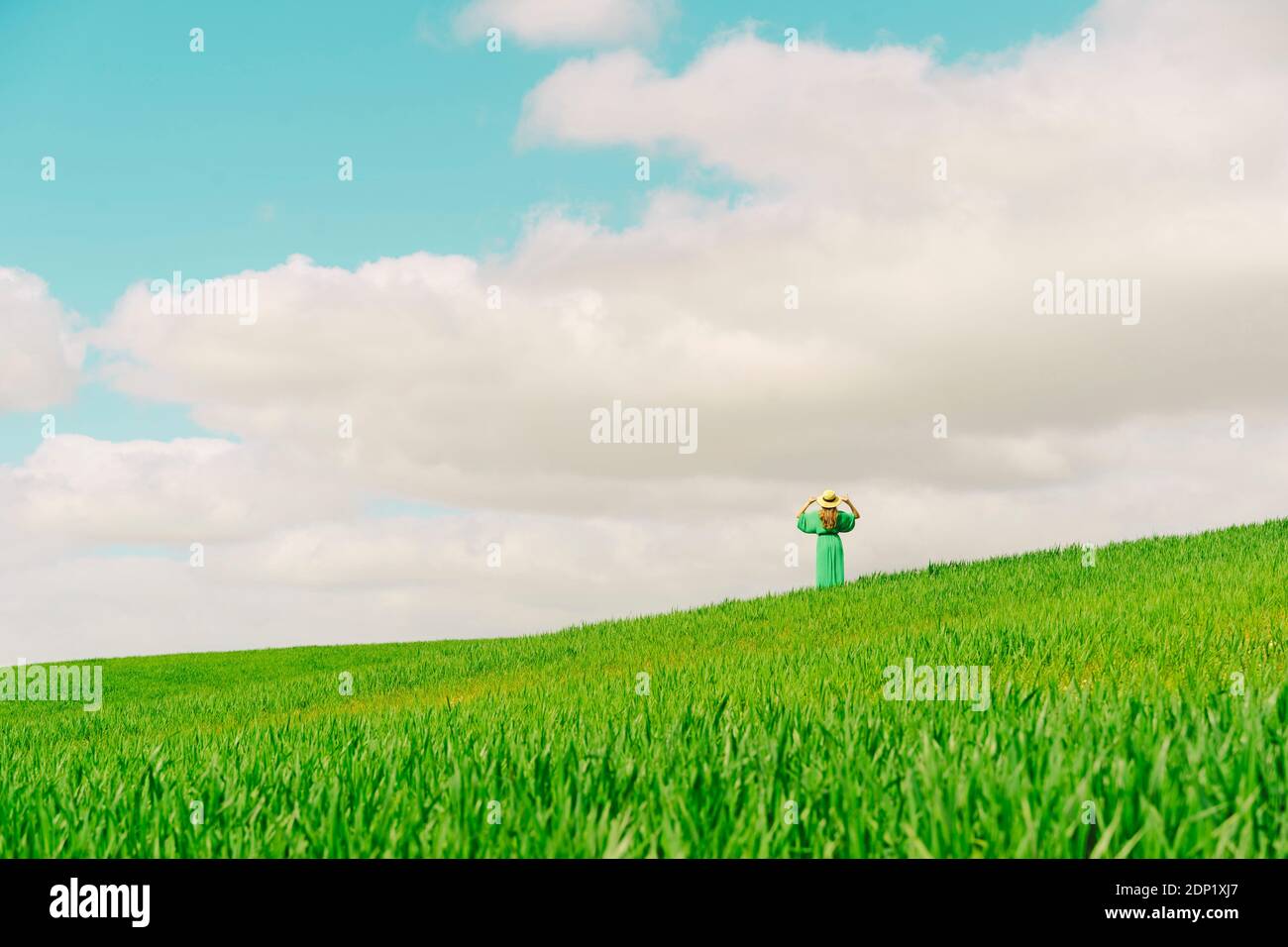 Back view of woman wearing green dress and summer hat standing on a ...