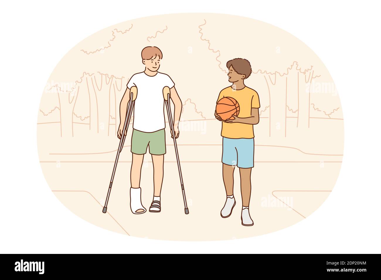 Injuries and broken leg concept. Young smiling boys friends one with