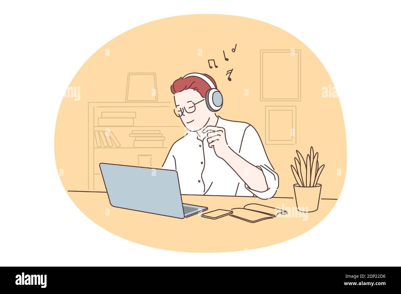 Listening to Music, recreation concept. Smiling man office worker in headphones sitting with laptop and listening to favourite music. Music lover, mel Stock Vector