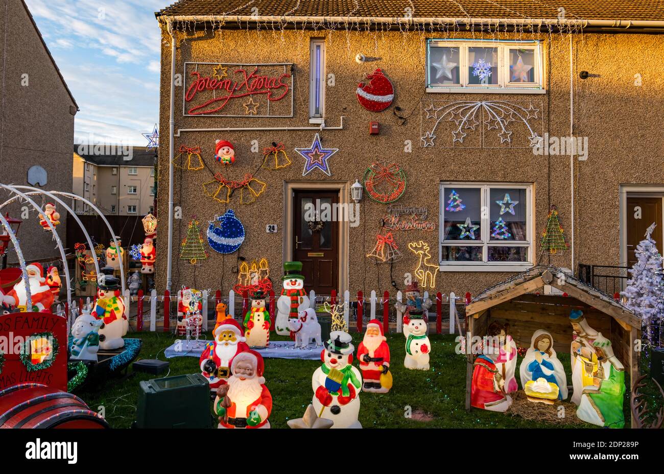 Huge Christmas decorations in the front garden of a house, Prestonpans, East Lothian, Scotland, UK Stock Photo
