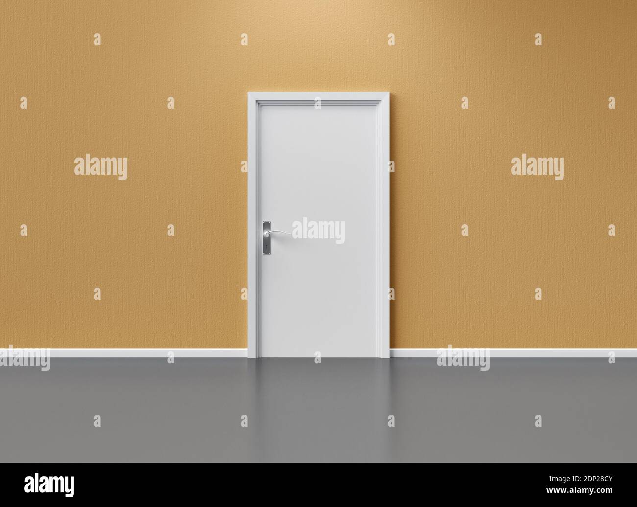 Beige wall with closed white door and shiny floor 3D-Illustration Stock Photo