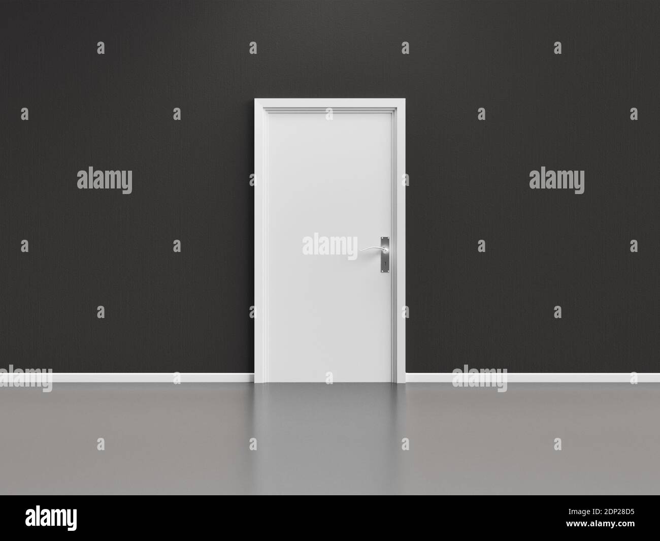 Grey wall with closed white door and shiny floor 3D-Illustration Stock Photo