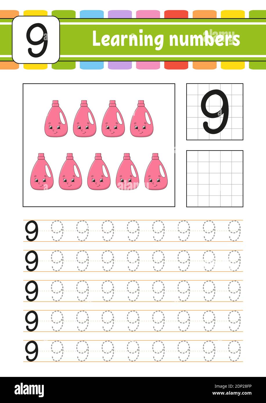 Learning numbers for kids. Handwriting practice. Education developing worksheet. Activity page. Game for toddlers and preschoolers. Isolated vector il Stock Vector