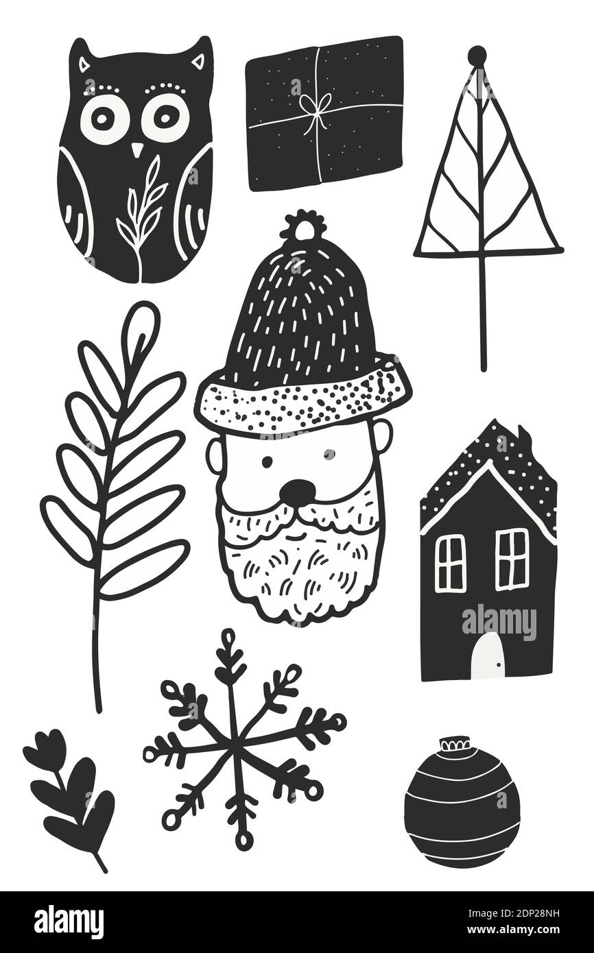 Big set of Christmas doodles. Hand drawn  icons. Xmas and New Year scrapbook stickers. Candle, garland, cookies, house, tree, socks, mitens, candy, pr Stock Photo