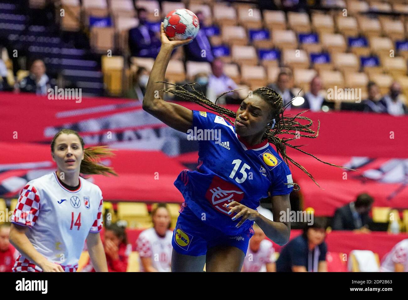 HERNING, DENMARK - DECEMBER 18: Kalidiatou Niakate of France during the Women's EHF Euro 2020 match between France and Croatia at Jyske Bank Boxen on Stock Photo