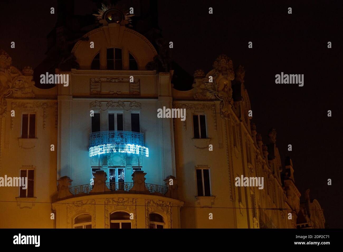 Prague, Czech Republic. 18th Dec, 2020. The motto Mehr Licht (More Light) shine on the Goethe Institut building in Prague, Czech Republic, December 18, 2020. The motto being the last words Johann Wolfgang Goethe reportedly said before dying on March 22, 1832. The motto is also meant as an encouragement for people amid the gloomy period of the pandemic and a symbol of hope in a brighter future. It will shine on the building until March-end. Credit: Vit Simanek/CTK Photo/Alamy Live News Stock Photo