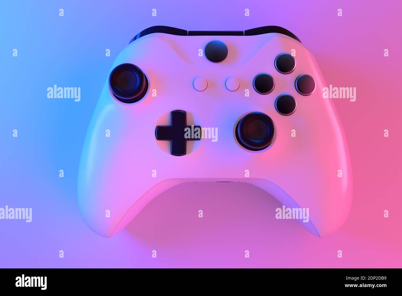 Realistic video game controller in neon lights on white table ...
