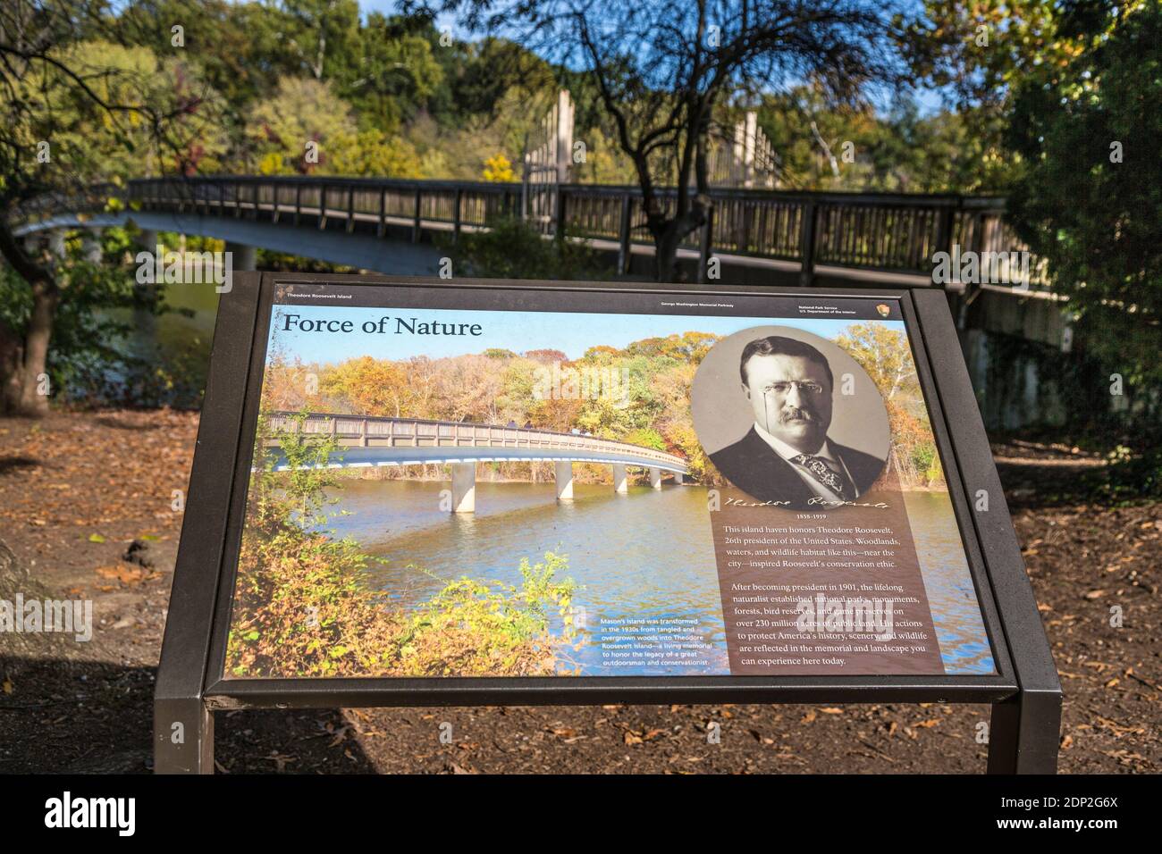 Sign for Theodore Roosevelt Memorial, Theodore Roosevelt Island, Washington DC, USA. Stock Photo