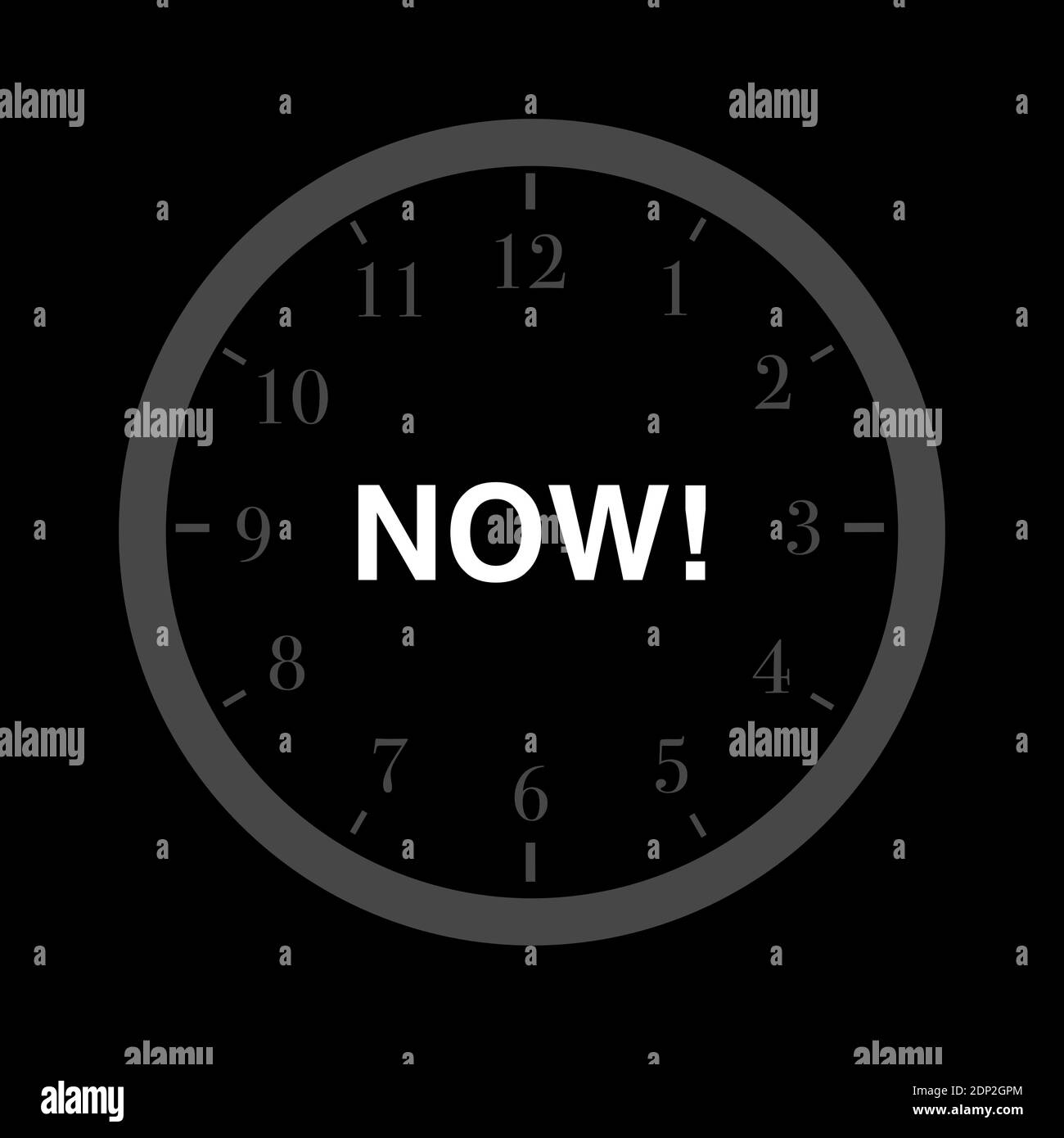 Now / At the moment - clocl dial is showing word NOW instead of time, hour, minute or second. Concept of present and current time. Vector illustration Stock Photo