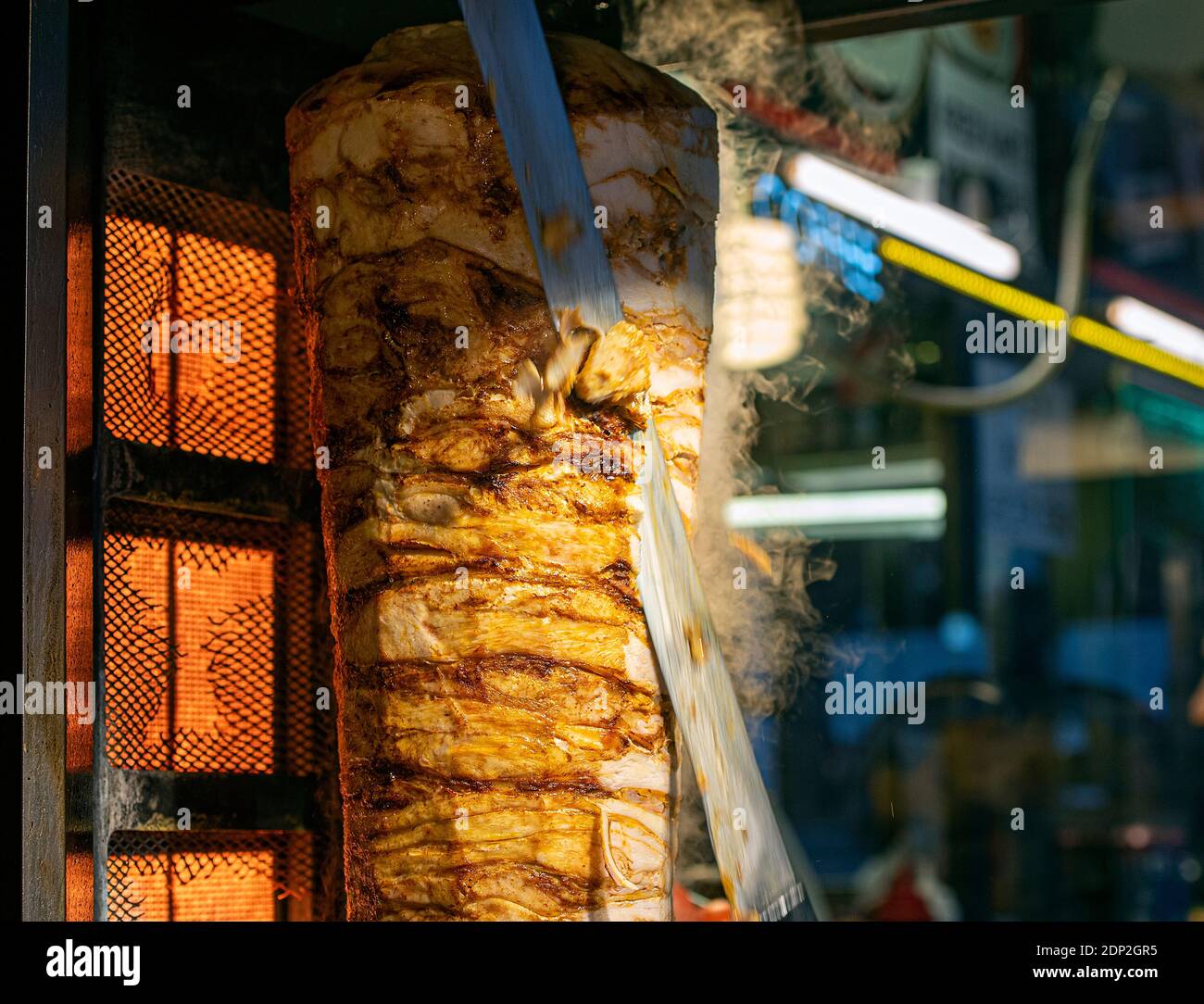 Close-up of traditionalTurkish street food meat doner kebap, durum in Istanbul street cafe Stock Photo