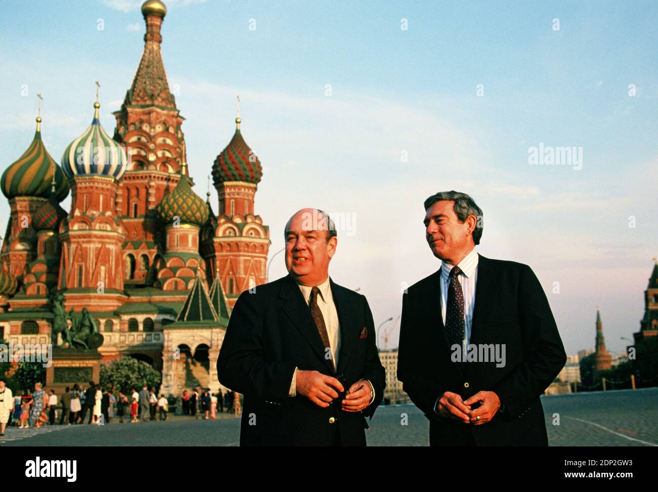 Charles Kuralt  and Dan Rather in Red Square during the visit of President Ronald Reagan to Moscow in 1986  Photograph by Dennis Brack  bb 75 Stock Photo