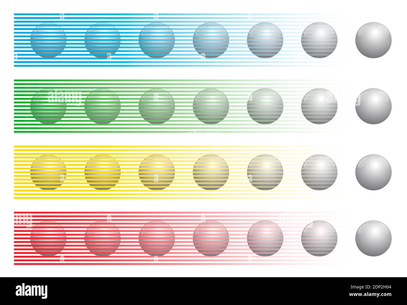 Optical illusion with balls of the same color behind different colored stripes, known as Munker-White illusion. Stock Photo