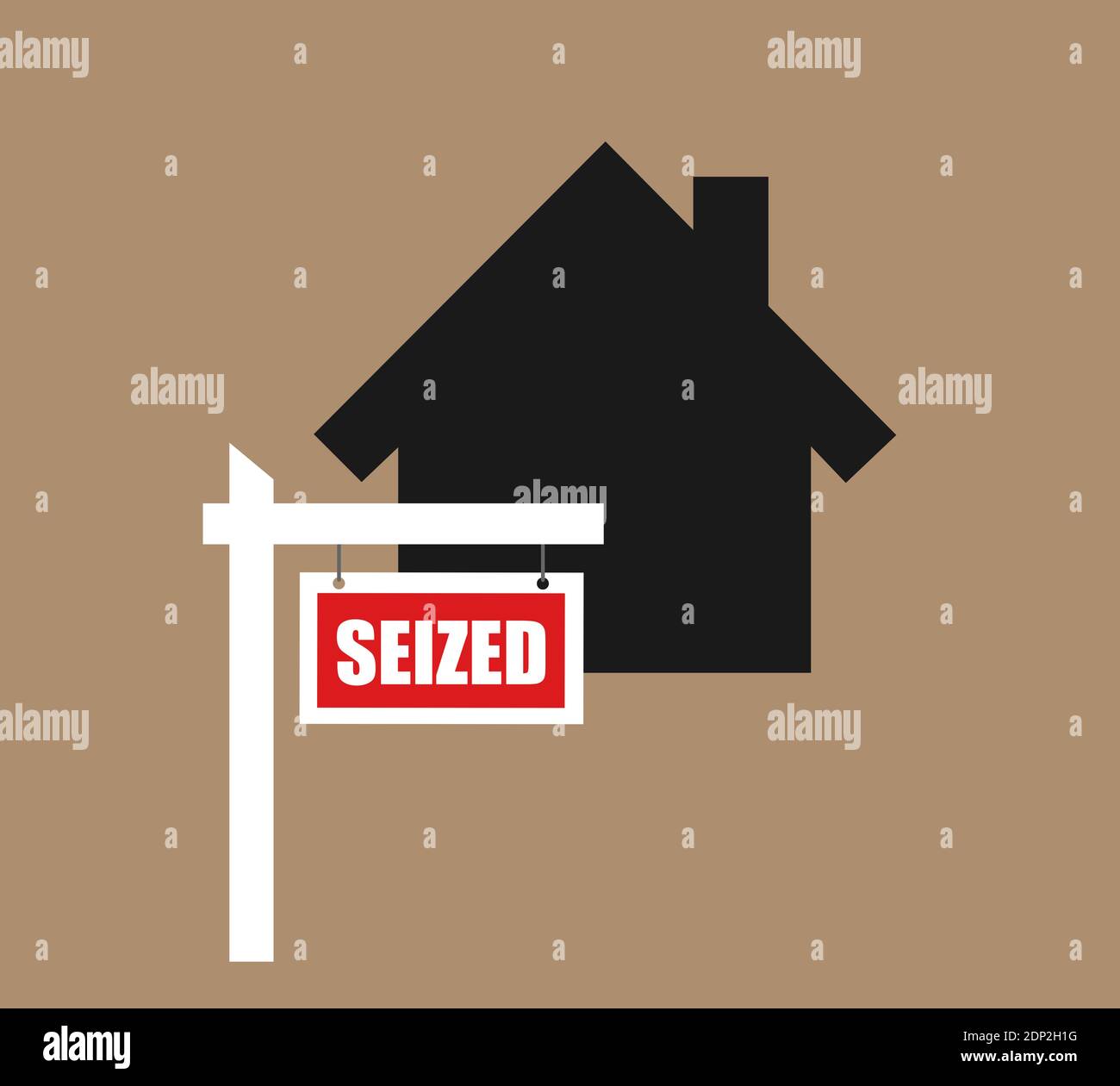 House is labelled as seized - insolvency leading to confiscation and seizure of real estate, property, house and residential building. Illustration. Stock Photo