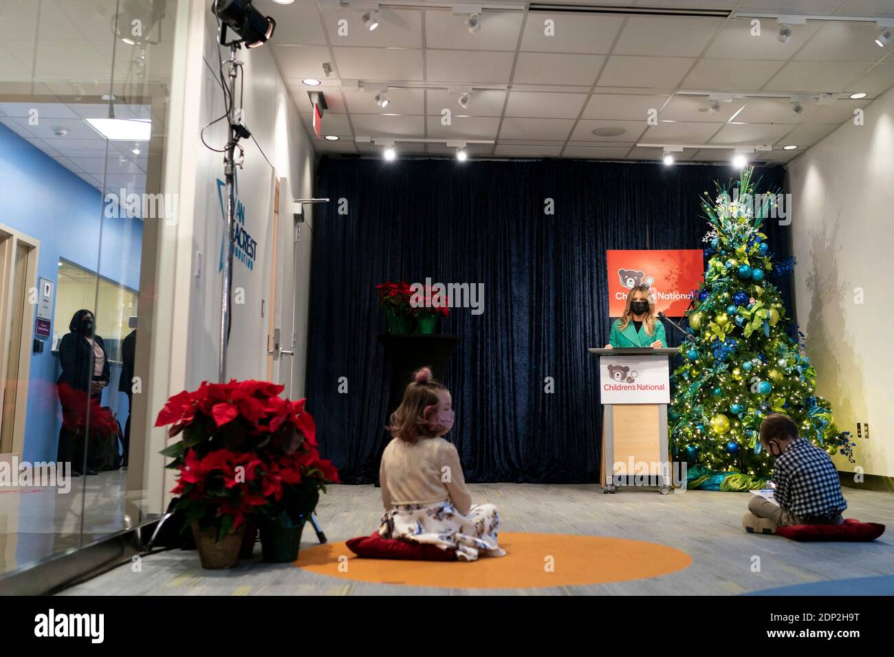 Washington, United States Of America. 15th Dec, 2020. U.S. First Lady Melania Trump hosts a game of holiday bingo with 8 year-old patient Sofia Martinez and 6 year-old patient Riley Whitney during a Christmas visit to Children's National Hospital December 15, 2020 in Washington, DC Credit: Planetpix/Alamy Live News Stock Photo