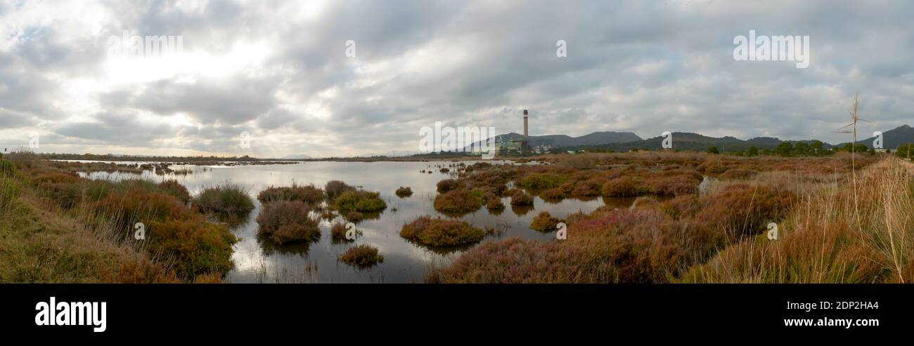 panoramic view of salt lake, mallorca lagoon, ornithological center, cloudy day, breaking the background, Es Murterar thermal power plant, majorca spa Stock Photo