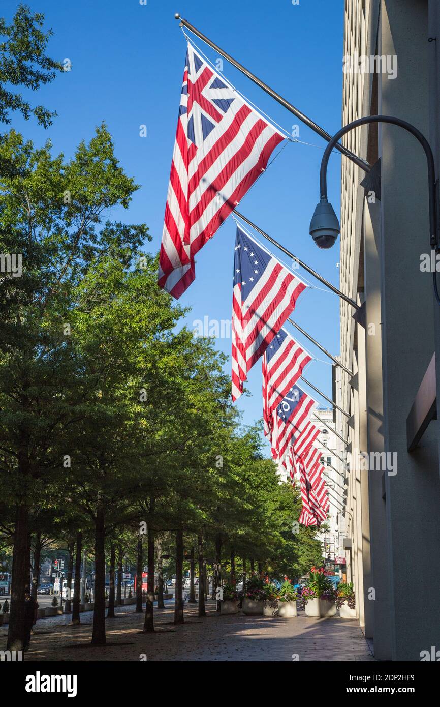 Varieties of American Flags Decorate Pennsylvania Avenue Side of Federal Bureau of Investigation, FBI, J Edgar Hoover Building, Washington DC, USA. Stock Photo