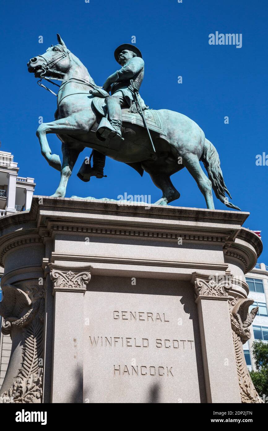 General Winfield Scott Hancock Statue, Washington DC, USA. Hancock was a Civil war hero at Gettysburg, Unsuccessful Democratic nominee for President, Stock Photo