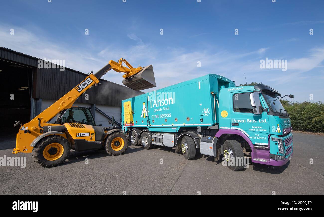 Loading beans for animal feed into a wagon from a farm store, using a