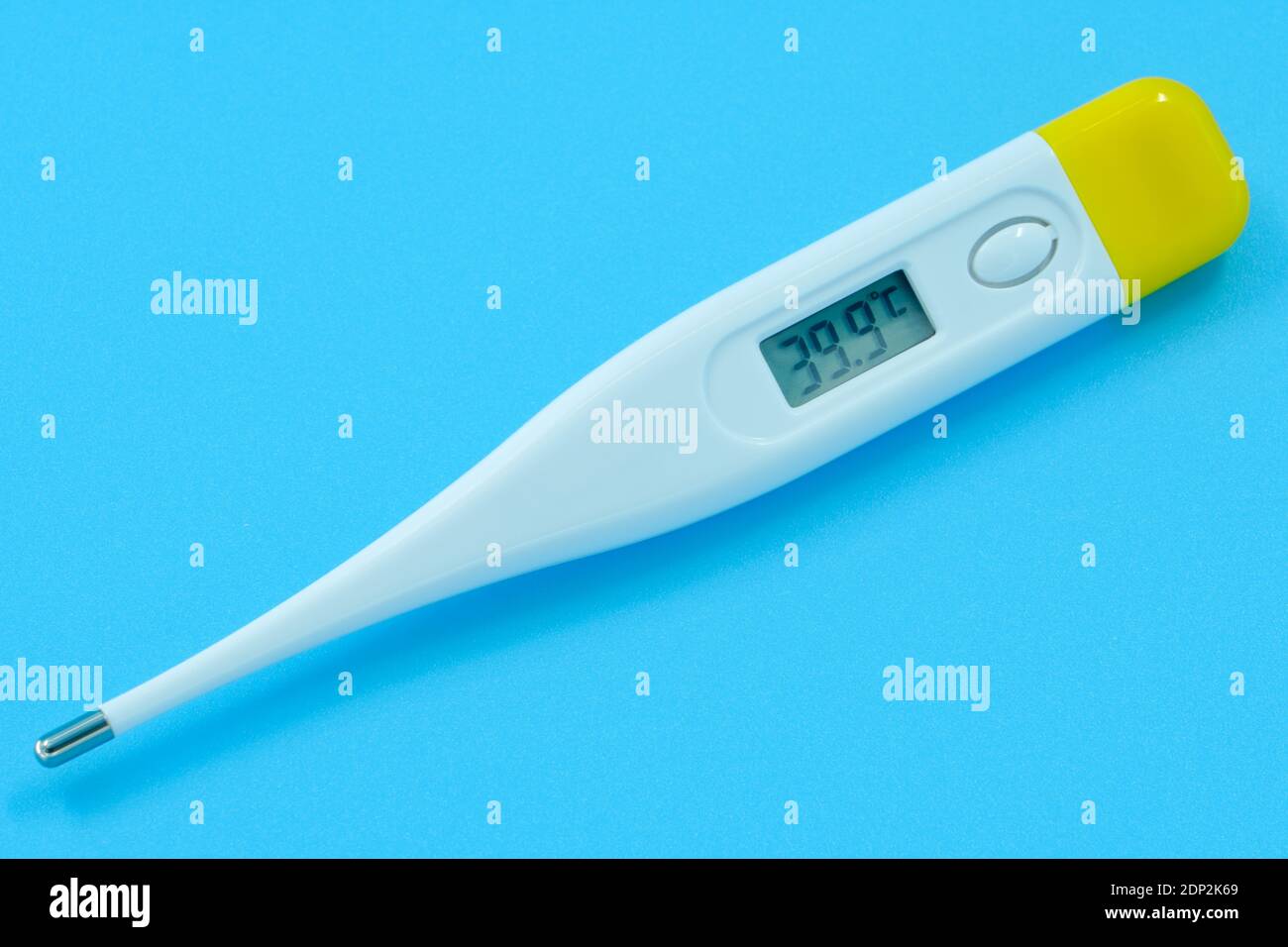 The electronic body thermometer displays a very high temperature of 39.