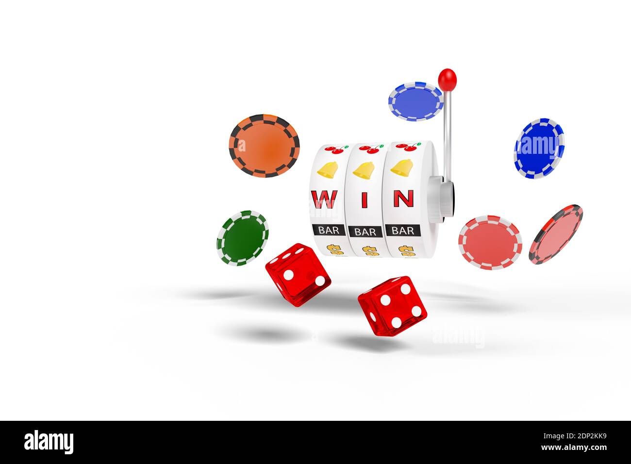 Slot machine with the text WIN, chips and dice isolated on white background. 3d illustration. Stock Photo