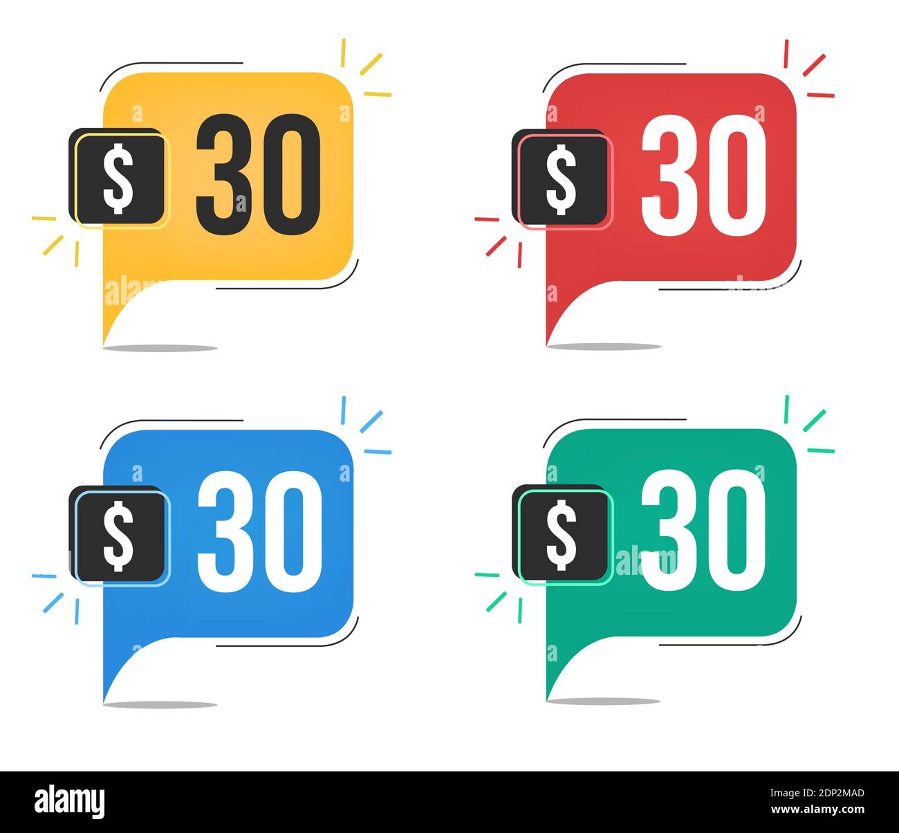 30 dollar price. Yellow, red, blue and green currency tags. Balloon concept with thirty dollars for sales. Stock Vector