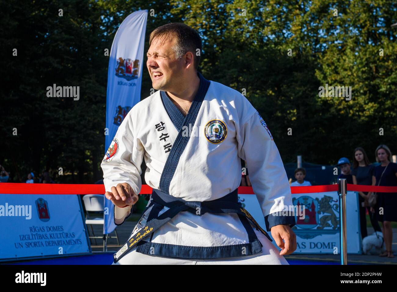 RIGA, LATVIA. 31st August 2019. Tang Soo Do martial arts master  performance. Breaking bricks Stock Photo - Alamy