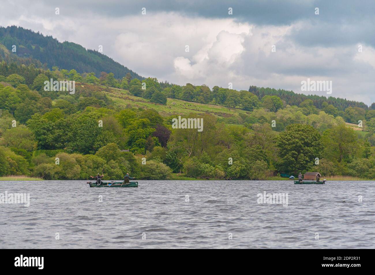 Boats with fishermen in Lake of Menteith, Scotland. Concept: Scottish landscapes, Scottisch lakes Stock Photo