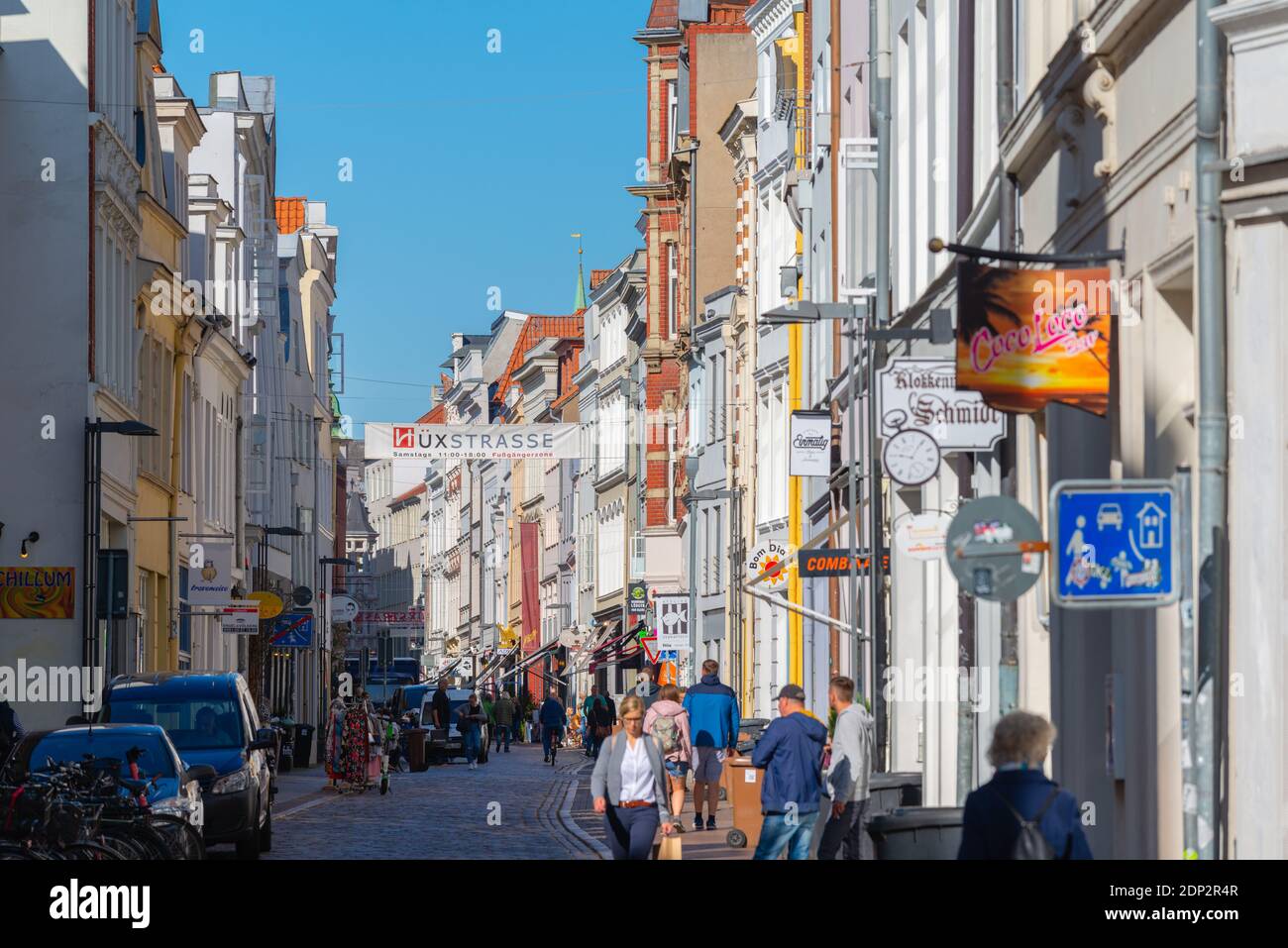 Hüxtrasse,one of the most importantand popular shopping streets with small shops, Hanseatic City of Lübeck, Schleswig-Holstein, North Germany, Europe Stock Photo