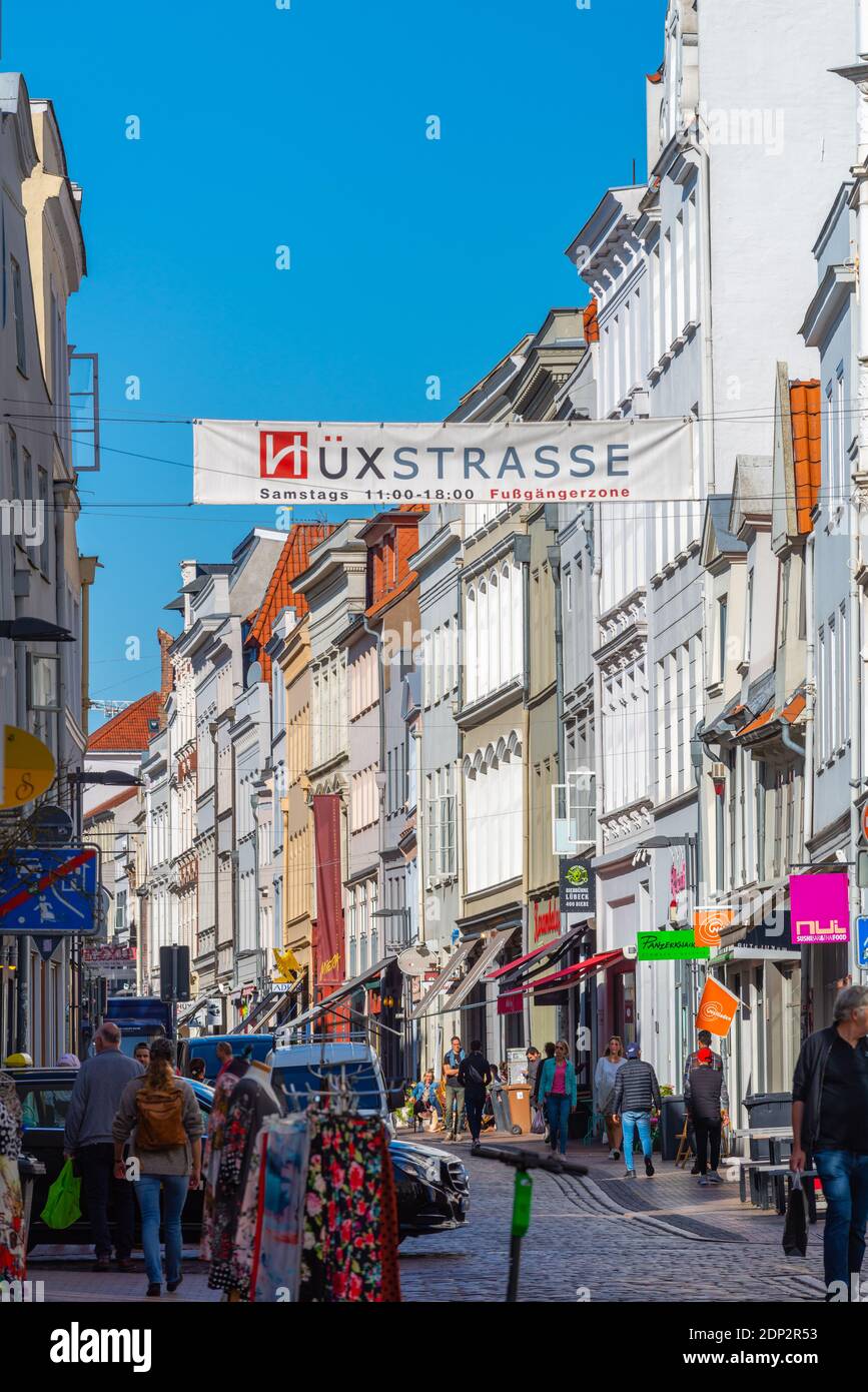 Hüxtrasse,one of the most importantand popular shopping streets with small shops, Hanseatic City of Lübeck, Schleswig-Holstein, North Germany, Europe Stock Photo