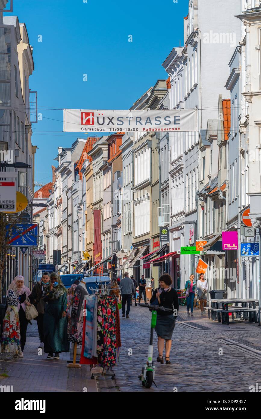 Hüxtrasse,one of the most importantand popular shopping streets with small shops, Hanseatic City of Lübeck, Schleswig-Holstein, North Germany, Europe Stock Photo