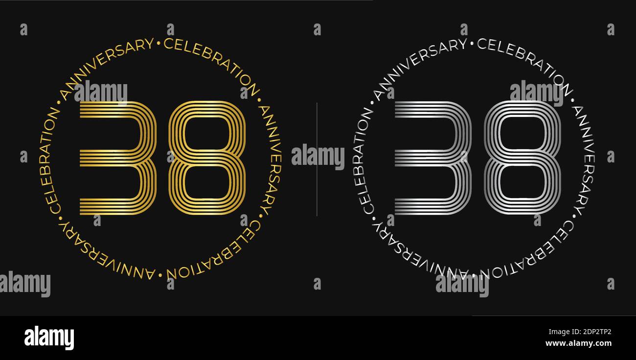 38th birthday. Thirty-eight years anniversary celebration banner in golden and silver colors. Circular logo with original numbers design. Stock Vector