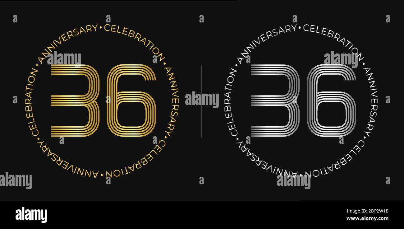 36th birthday. Thirty-six years anniversary celebration banner in golden and silver colors. Circular logo with original numbers design. Stock Vector
