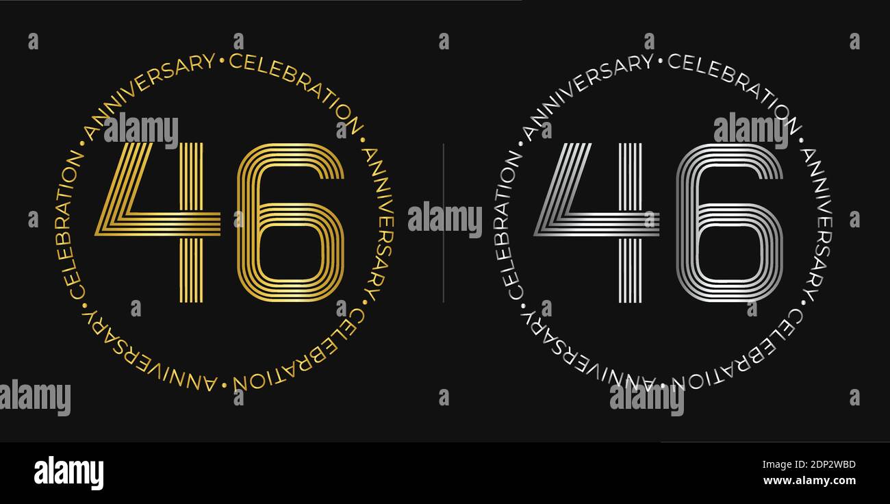 46th birthday. Forty-six years anniversary celebration banner in golden and silver colors. Circular logo with original numbers design. Stock Vector