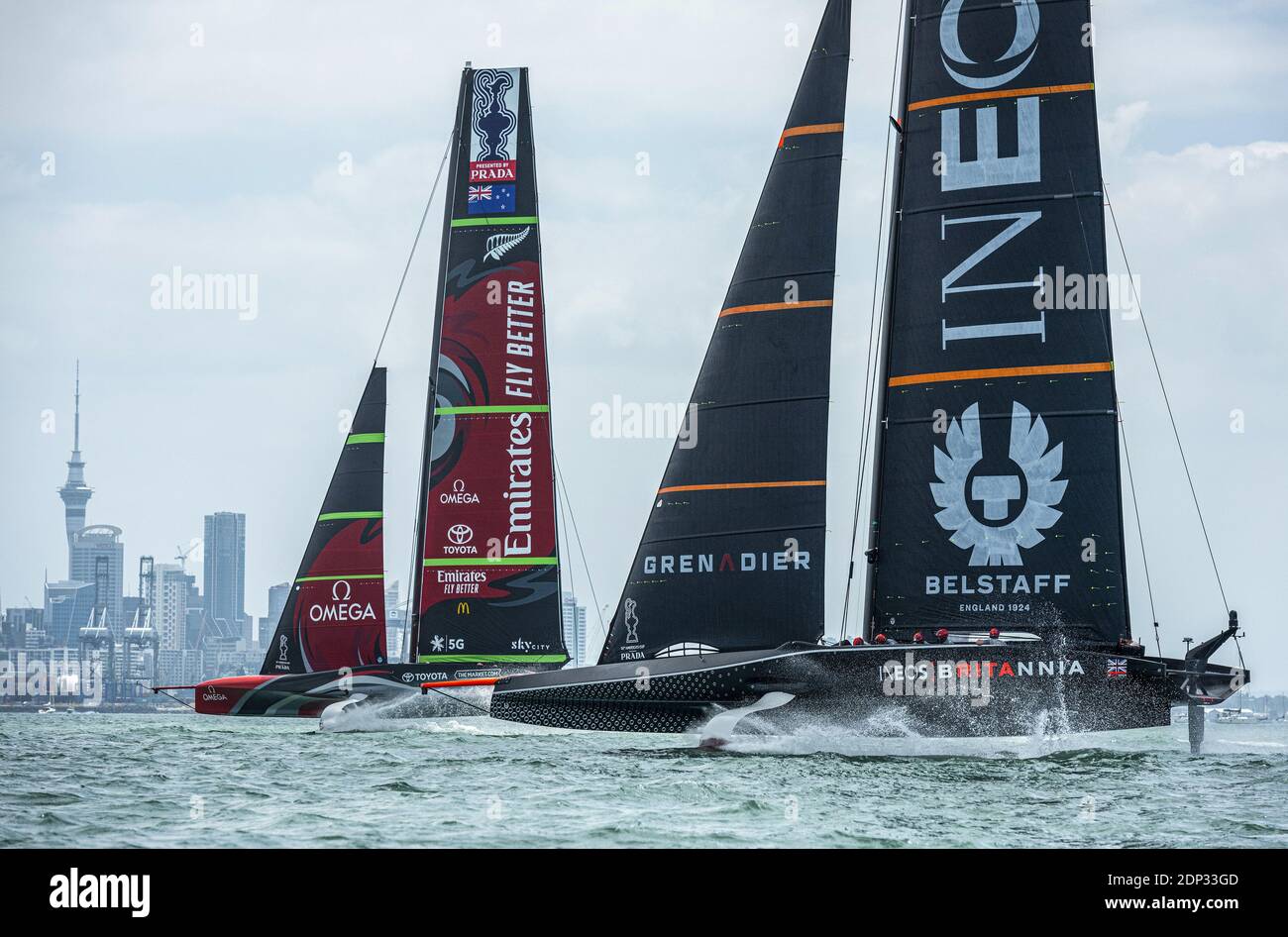 INEOS Team UK Britannia and Emirates Team New Zealand before their first race of the day during the Prada America&#039;s Cup Wo / LM Stock Photo