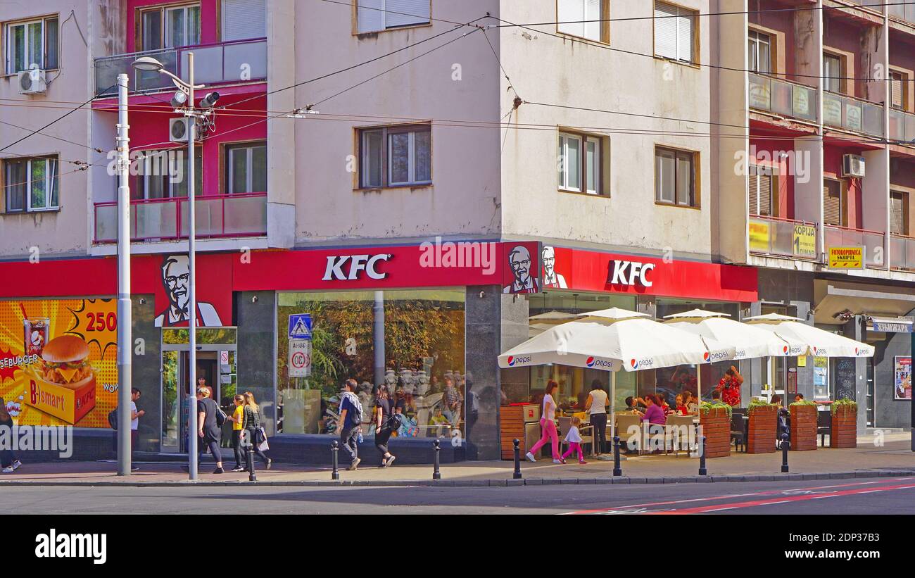 Belgrade, Serbia - September 22, 2019: Kfc restaurant at corner in Belgrade city. Stock Photo