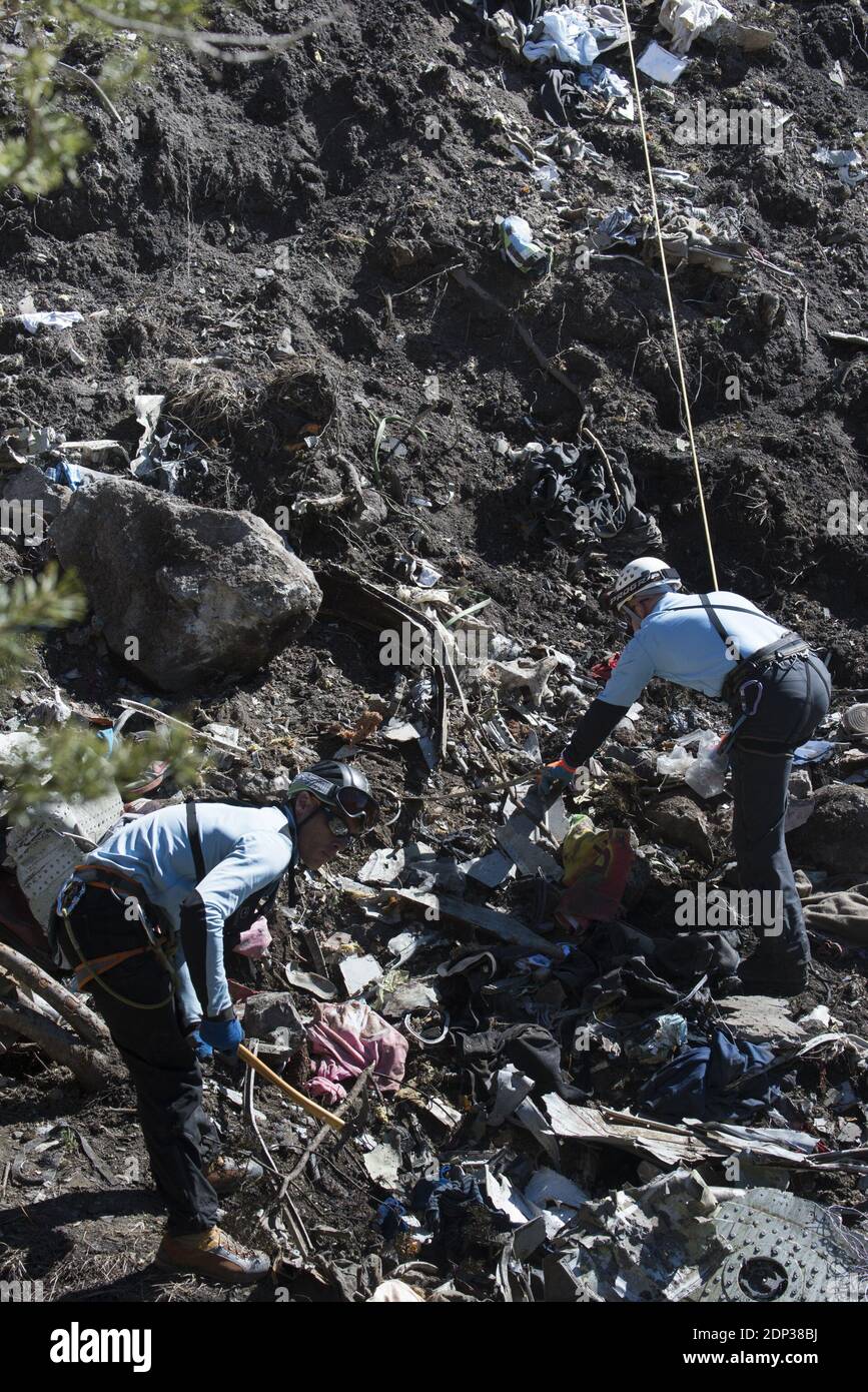 Operations continue as rescuers search the Germanwings flight 4U 9525 crash  site for the second black box and remaining bodies, near Seyne-les-Alpes,  southeastern France on March 27, 2015. The Germanwings Airbus A320, image size:867x1390