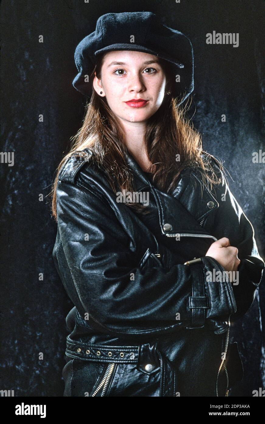 Woman in black leather jacket hi-res stock photography and images - Alamy