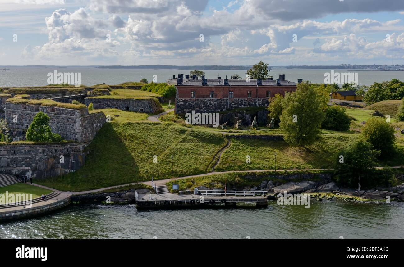 Cannons and mortars in Suomenlinna fortress near main entrance - King's Gate Stock Photo