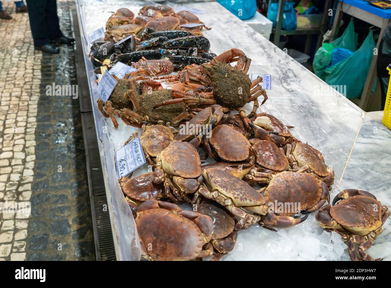 Setubal, Portugal - 18 December, 2020: fresh crabs for sale in the
