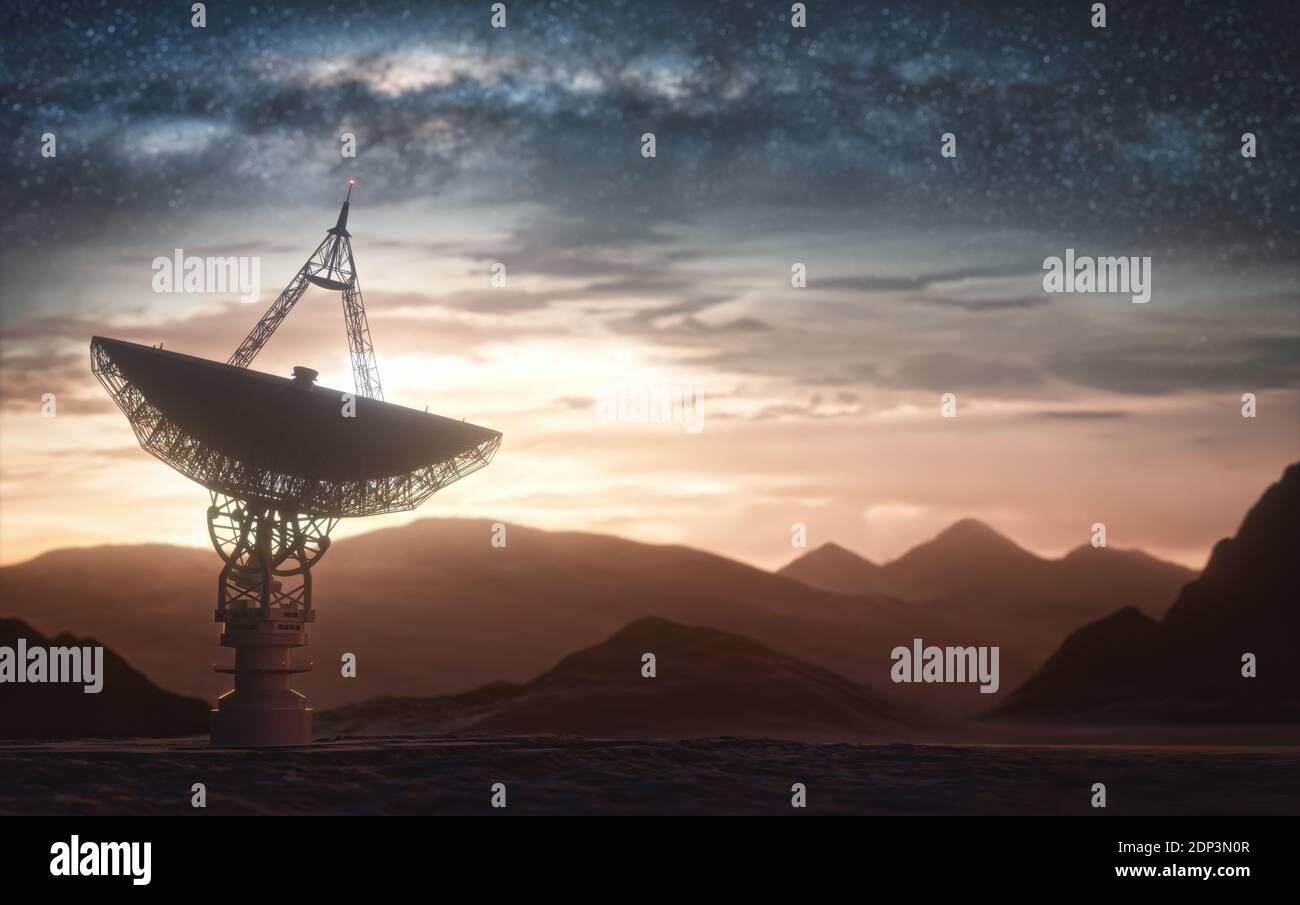 Satellite dish at sunset, illustration. Stock Photo