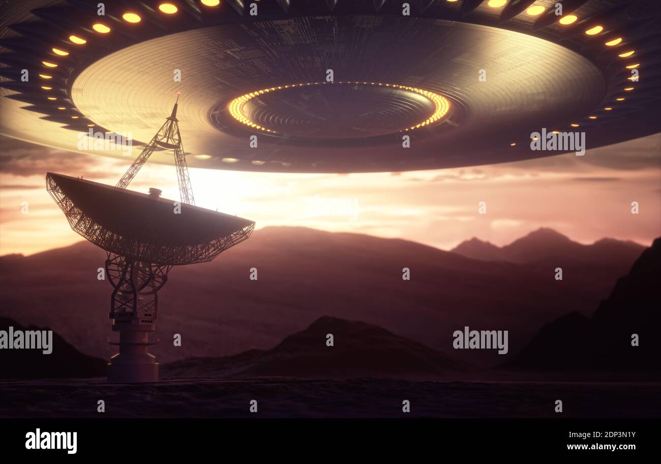Alien contact, conceptual illustration. Unidentified flying object (UFO) over a satellite dish. Stock Photo